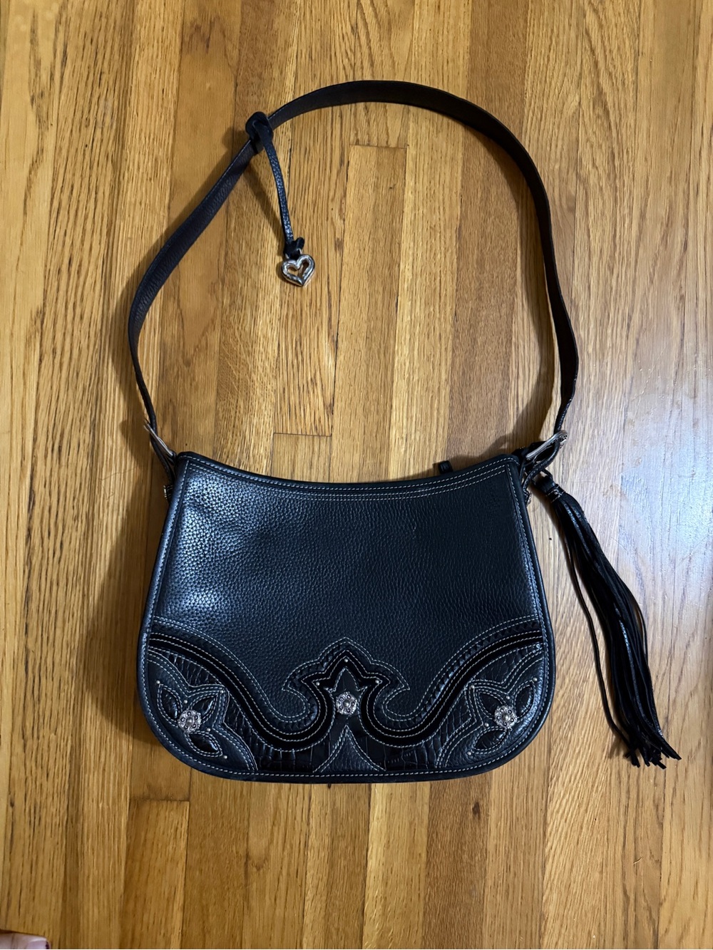 Vintage Leather Brighton Purse Black Embossed Western with Tassel